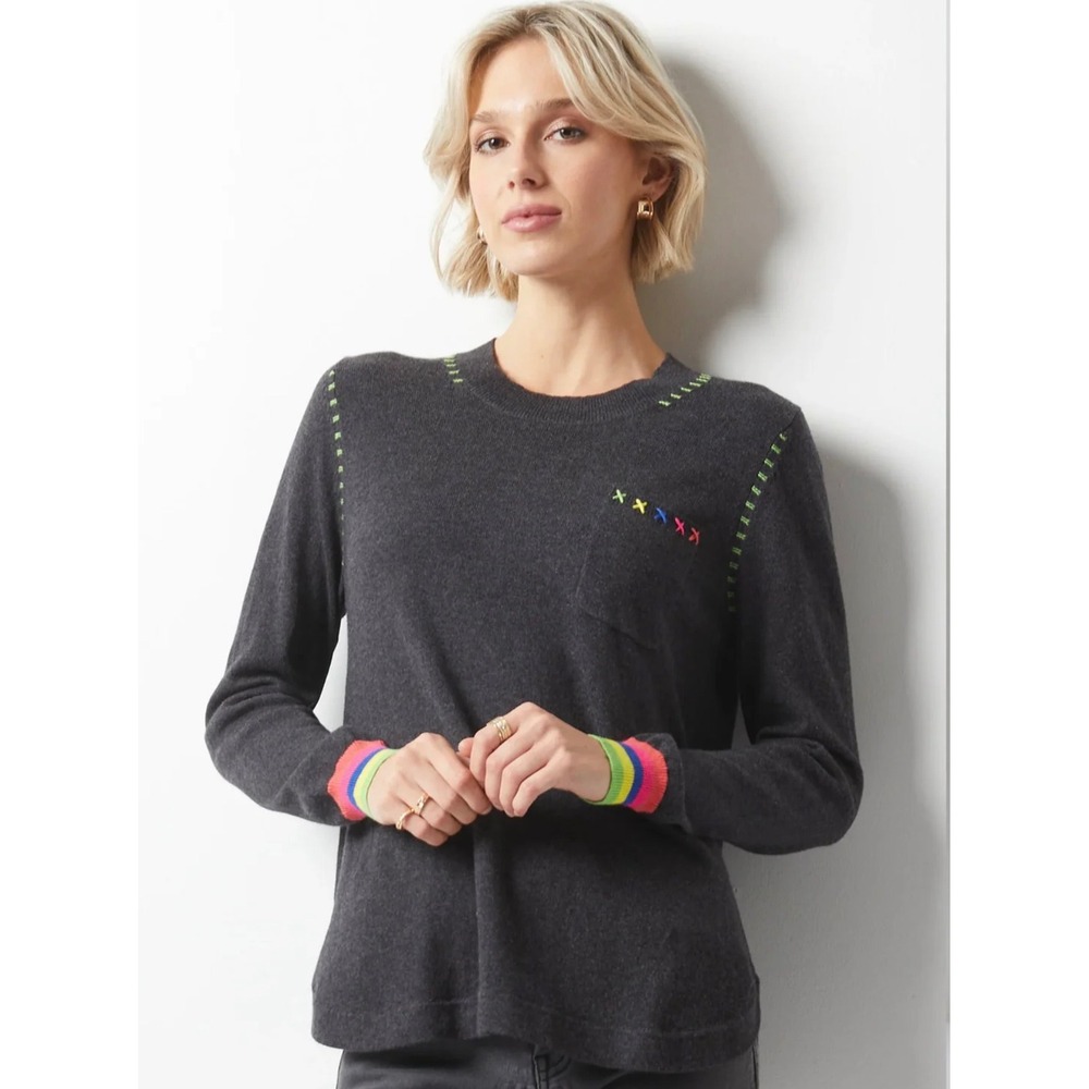 Zaket & Plover Handwork Curve Sweater In grey cashmere blend colorful stitches